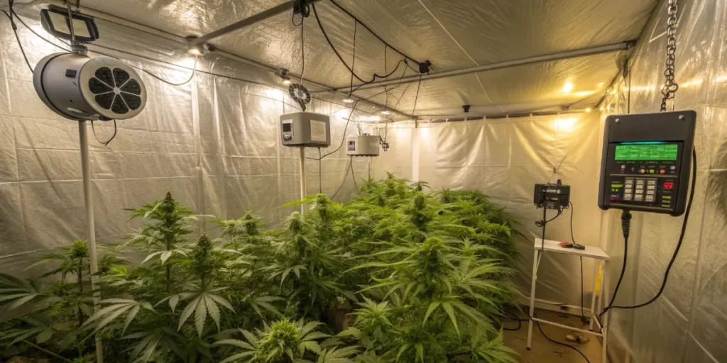 Hyper-realistic indoor cannabis grow room setup: lush plants under numerous overhead lights, with fans and a digital control panel, indicating advanced climate control.