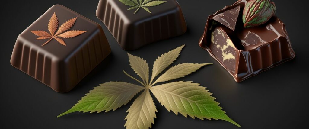 Cannabis-infused chocolate squares with cannabis leaves on top
