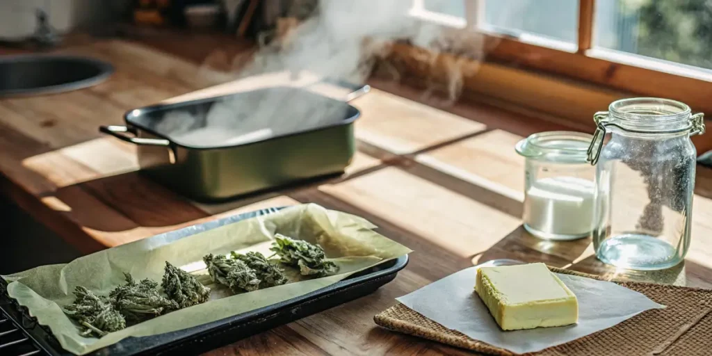 Rustic kitchen counter with cannabis, butter, oil, and a steaming pot for infusion.