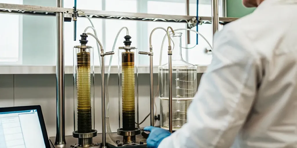 Scientist in lab coat with blue glove operating lab equipment with glass columns containing layered liquids, and a laptop.