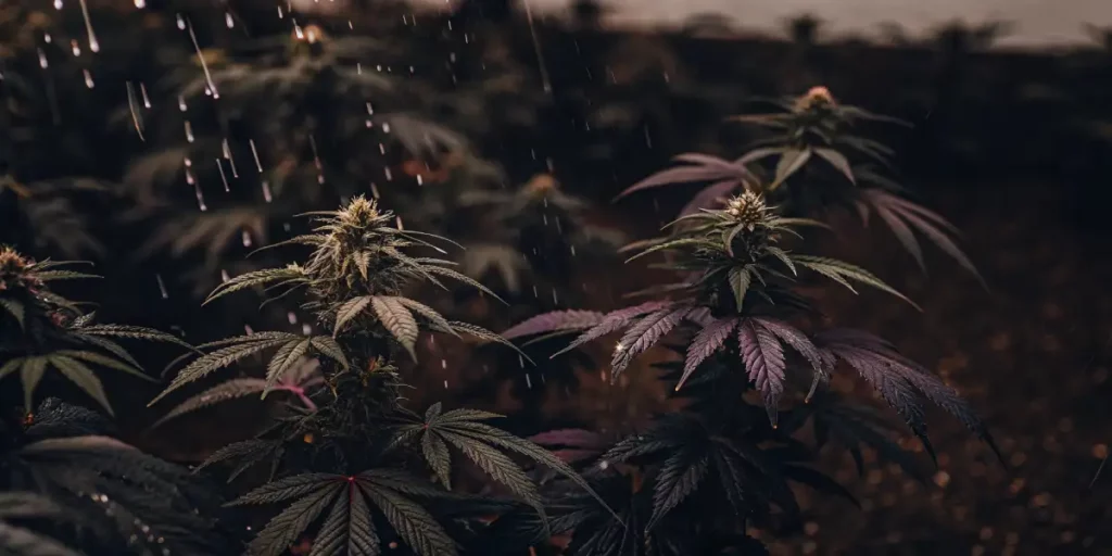 Cannabis plant with purple leaves and buds under light rain.