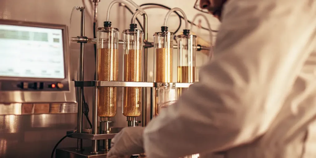 Scientist overseeing cannabis purification in multiple glass columns with amber liquids and a monitor in a lab.