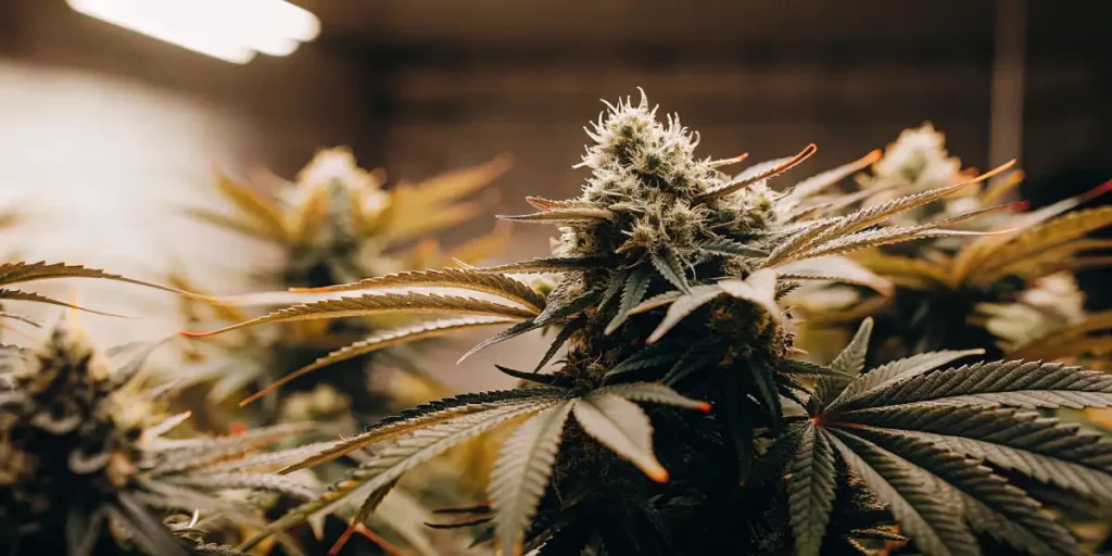 Cannabis plant with frosty buds in a dimly lit indoor grow room.