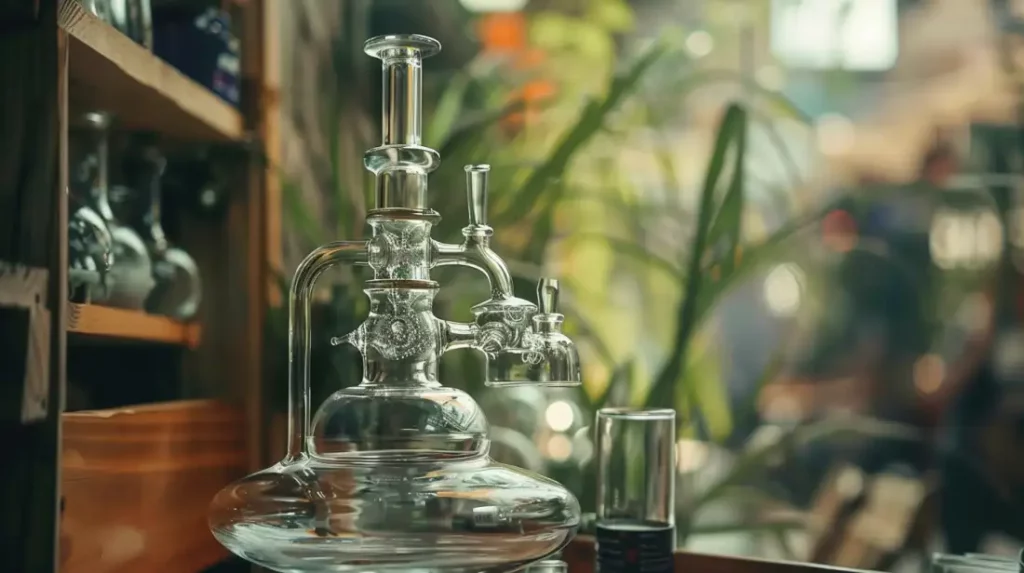 Glass chamber bong displayed on a shelf, showcasing its intricate design and multiple chambers for smooth filtration.