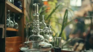 Glass chamber bong displayed on a shelf, showcasing its intricate design and multiple chambers for smooth filtration.