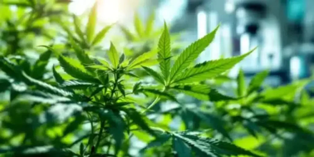 Lush green cannabis foliage under bright indoor cultivation lights