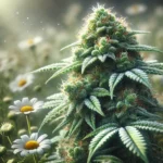 Close-up of a cannabis plant with dense buds, illustrating Bisabolol in weed, surrounded by daisies under natural sunlight.