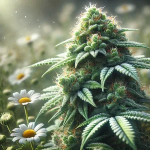 Close-up of a cannabis plant with dense buds, illustrating Bisabolol in weed, surrounded by daisies under natural sunlight.