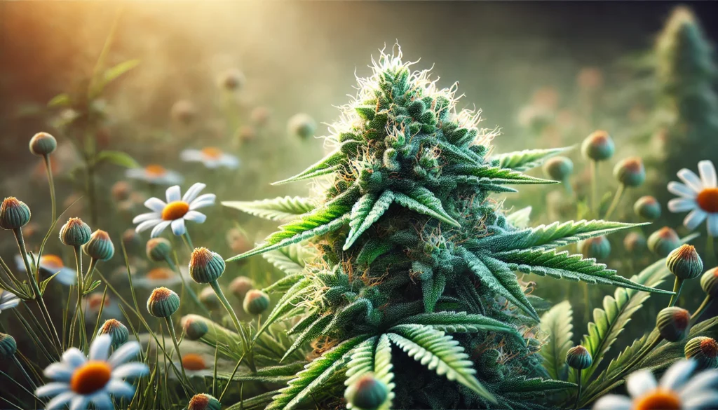 Cannabis plant with thick, trichome-covered buds, highlighting Bisabolol in weed, set in a field with daisies and soft sunlight.