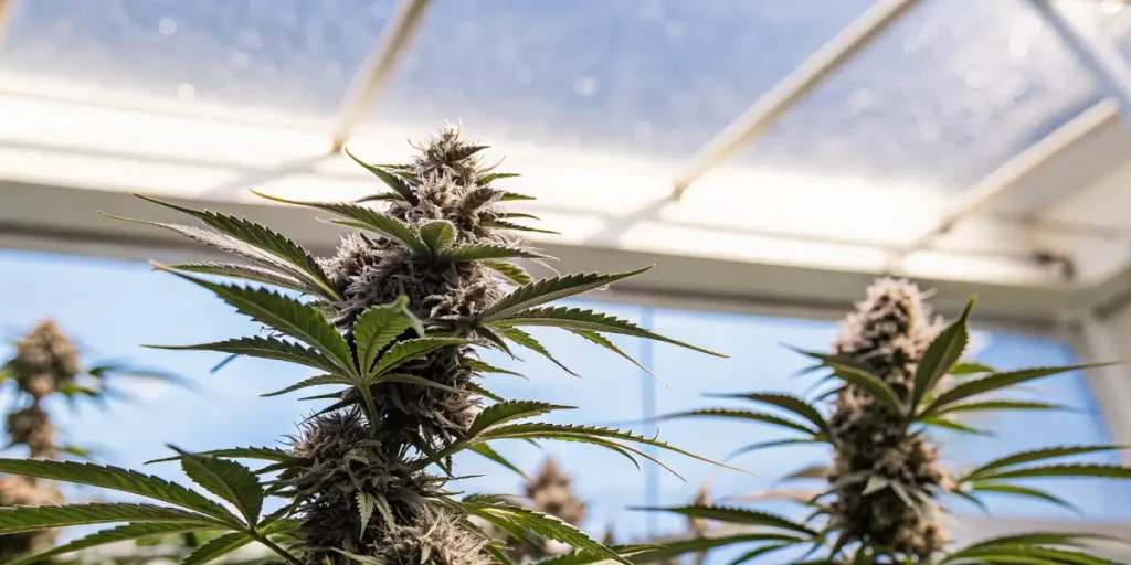 Cannabis plant with frosty buds under warm grow lights in a dimly lit grow room.