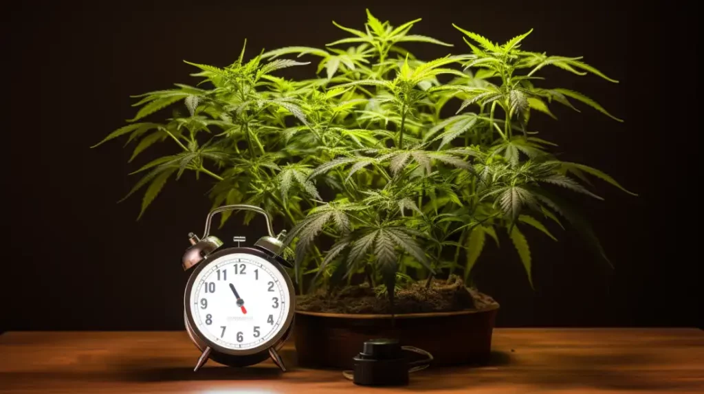 Autoflower plant next to a clock, symbolizing the importance of maintaining a consistent light cycle for healthy growth.