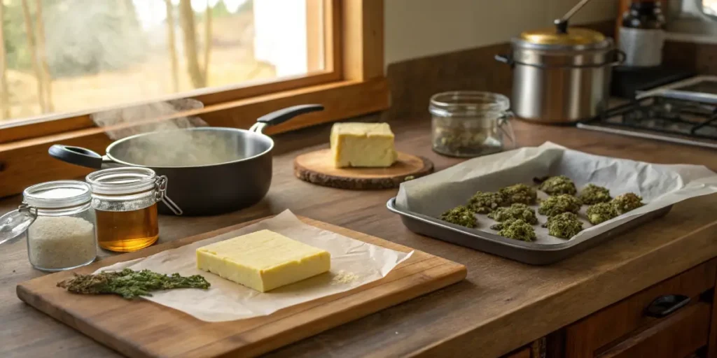 Rustic kitchen scene with cannabis buds on a tray, butter, jars, and a pot on the stove.