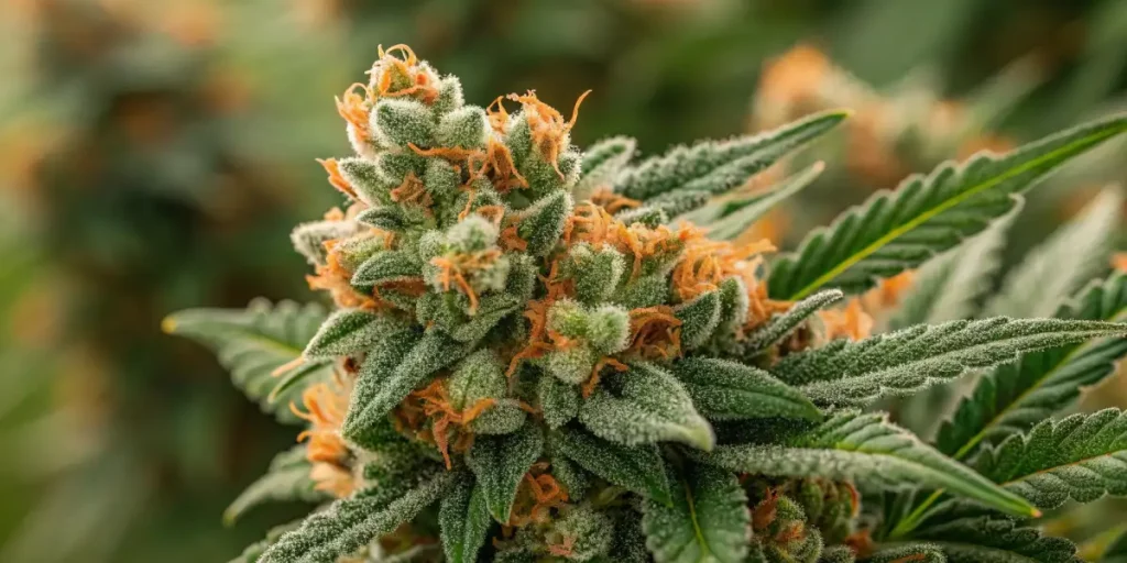 Close-up of G13 cannabis strain with dense buds, orange hairs, and frosty trichomes.