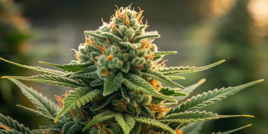 A well-lit cannabis flower in a greenhouse with fine trichomes and orange pistils, bathed in soft light.