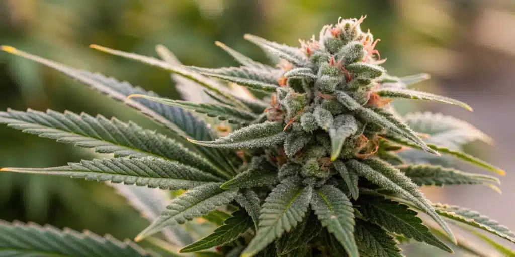 A close-up of a God Bud Regular flower showcasing its dense, frosty trichomes and rich, vibrant colors.