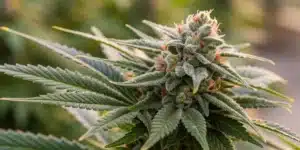 A close-up of a God Bud Regular flower showcasing its dense, frosty trichomes and rich, vibrant colors.