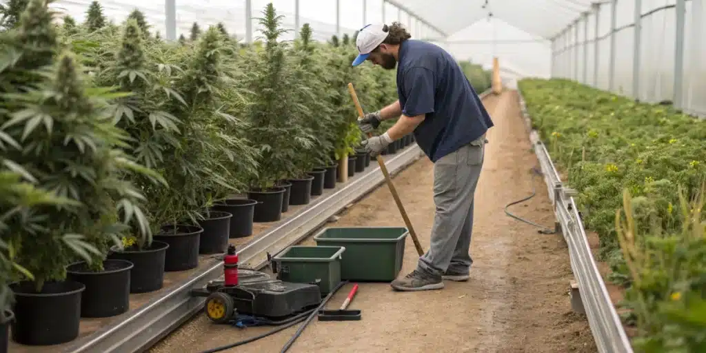 A behind-the-scenes shot of a grower preparing harvest tools beside a God Bud Regular plant in a well-organized cultivation area.