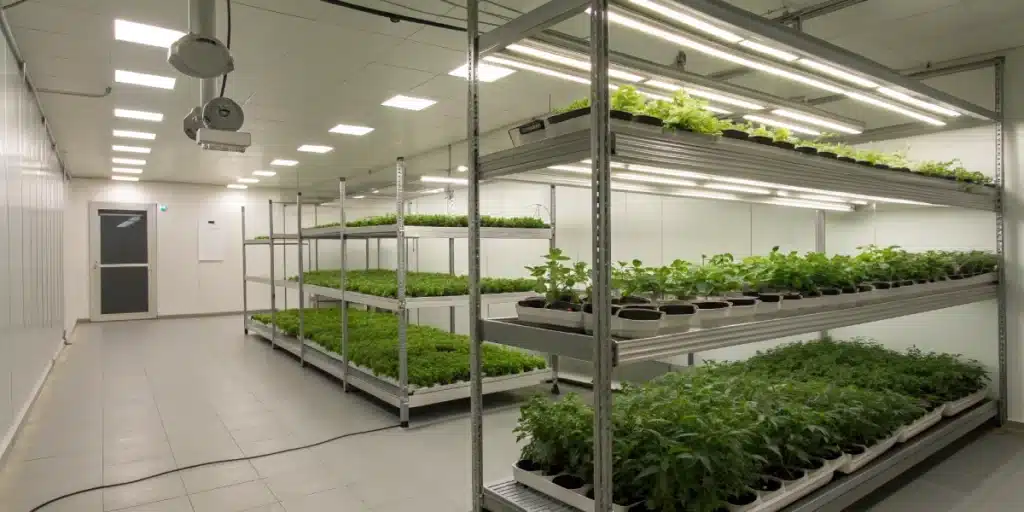 An indoor scene featuring a modern grow room with God Bud Regular plants arranged on multi-tier shelving and under controlled lighting.