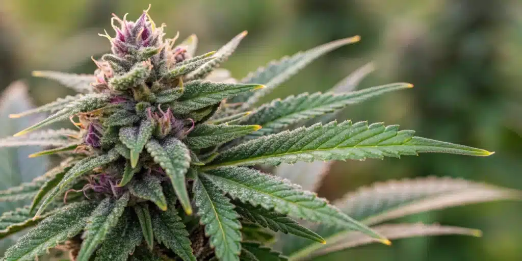 Close-up of a Goji OG bud showcasing unique green-purple hues with frosty trichomes.