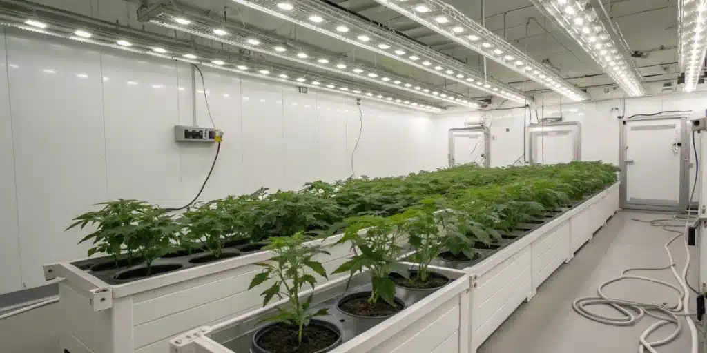 Goji OG cannabis plants growing indoors under uniform white LED lighting.