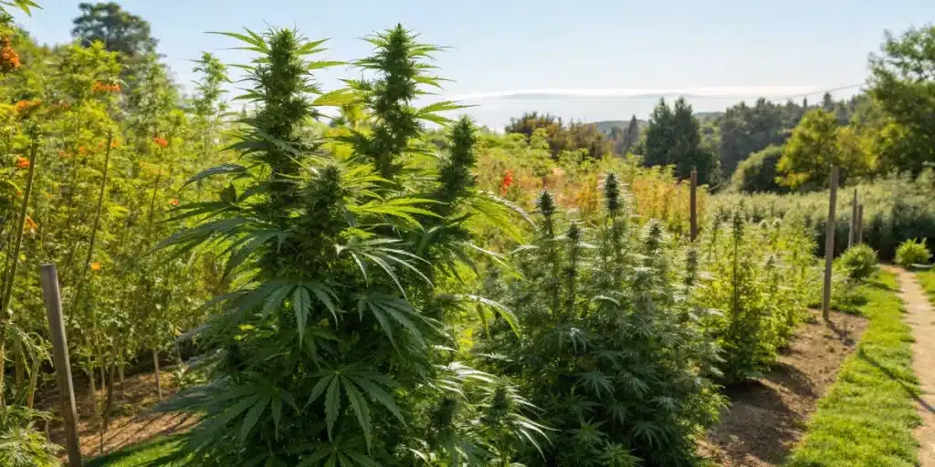 Outdoor Goji OG cannabis plants thriving in a sunny field surrounded by nature.