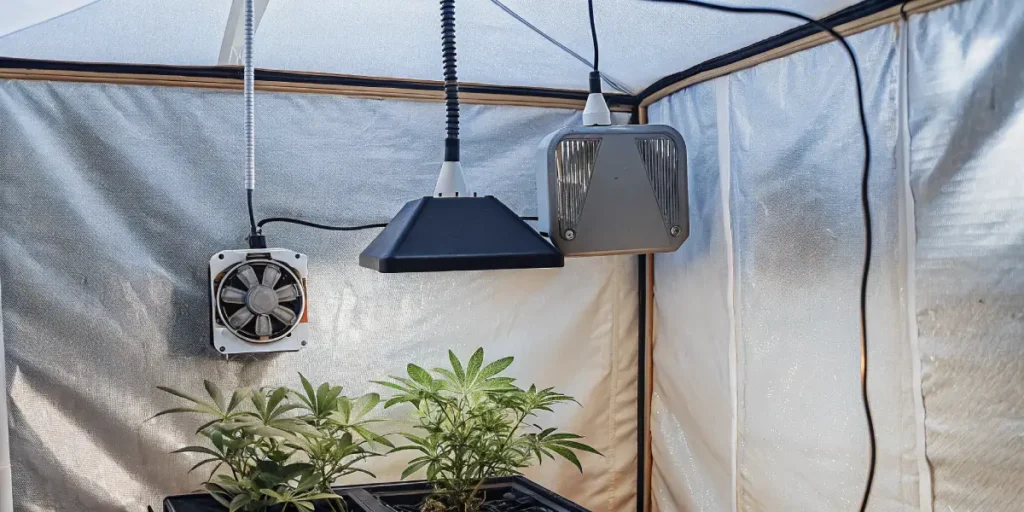 Hyper-realistic indoor cannabis grow room setup: small plants in pots under bright overhead grow lights and a wall-mounted fan in a grow tent.