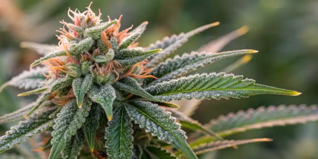 Close-up of a Harlequin Weed bud with unique patterns and frosty trichomes.