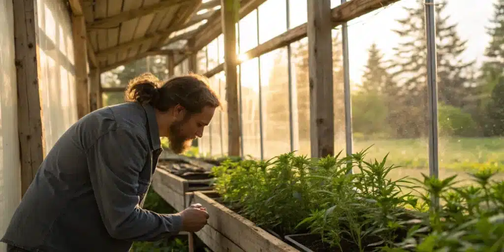 Grower inspecting Harlequin Weed plants in a rustic greenhouse with soft natural light.