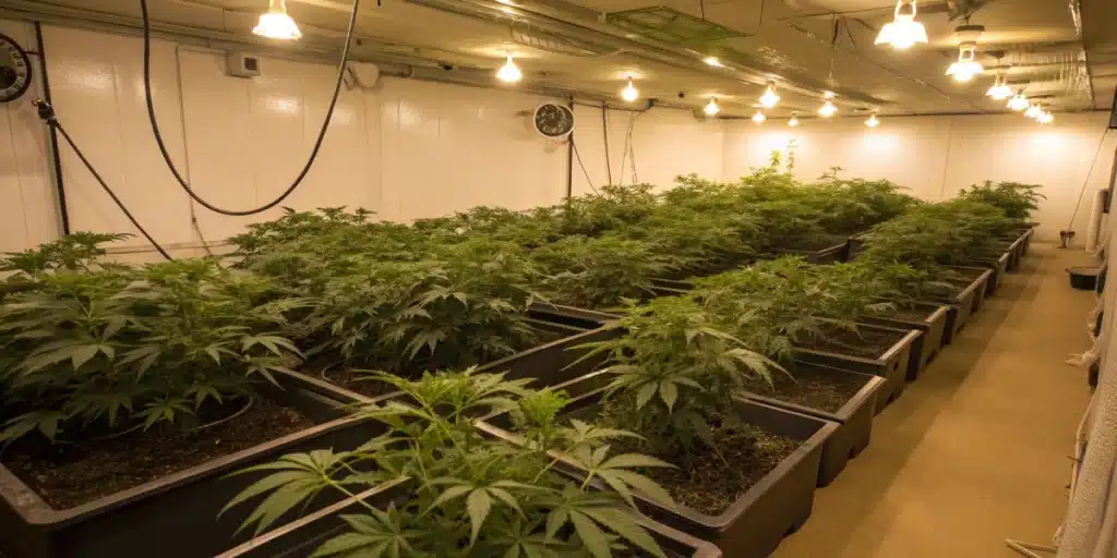 Organized indoor grow room with Harlequin Weed plants under ambient soft lighting.