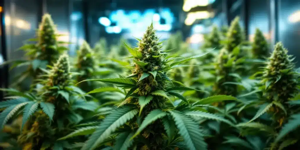 Healthy cannabis plants thriving in a controlled indoor growing environment.