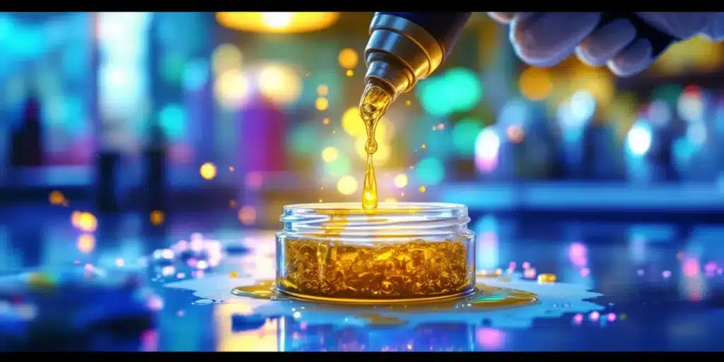 Golden reclaim weed resin dripping into a glass jar in a colorful laboratory setting.