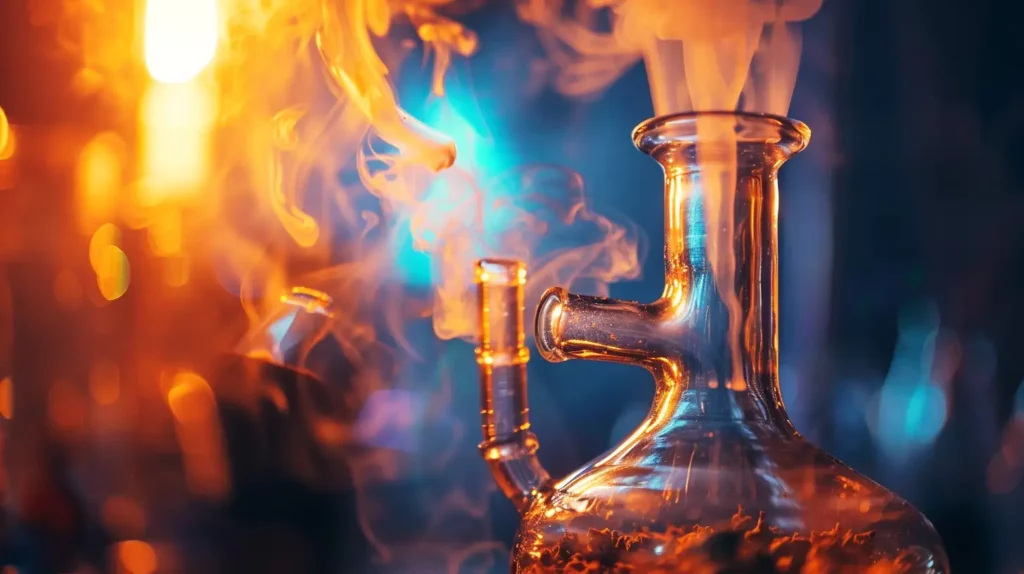 Chamber bong in use, filled with smoke and illuminated by vibrant lighting, demonstrating its diffusion capabilities.