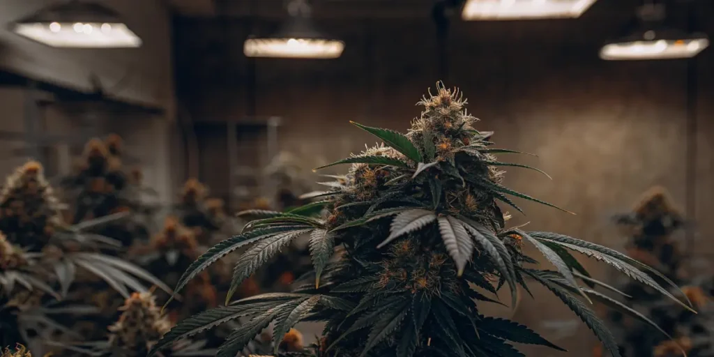 Lush cannabis plant with purple hues under warm grow lights and a multi-LED fixture in an indoor farm.