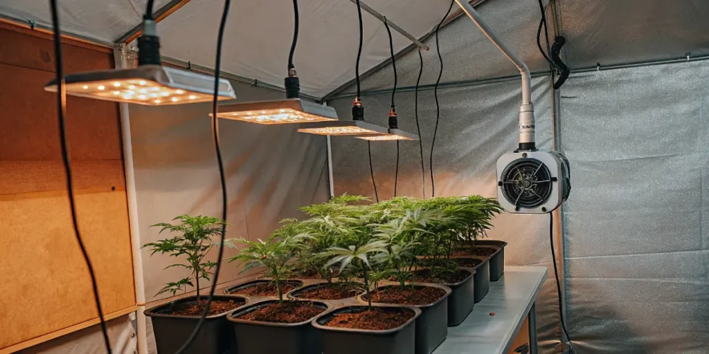 Hyper-realistic indoor cannabis grow room setup: young plants in pots on a table under multiple bright overhead grow lights, with ventilation fan.