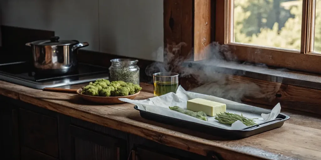 Kitchen scene with cannabis buds on a tray, butter blocks, and a steaming pot by a window.