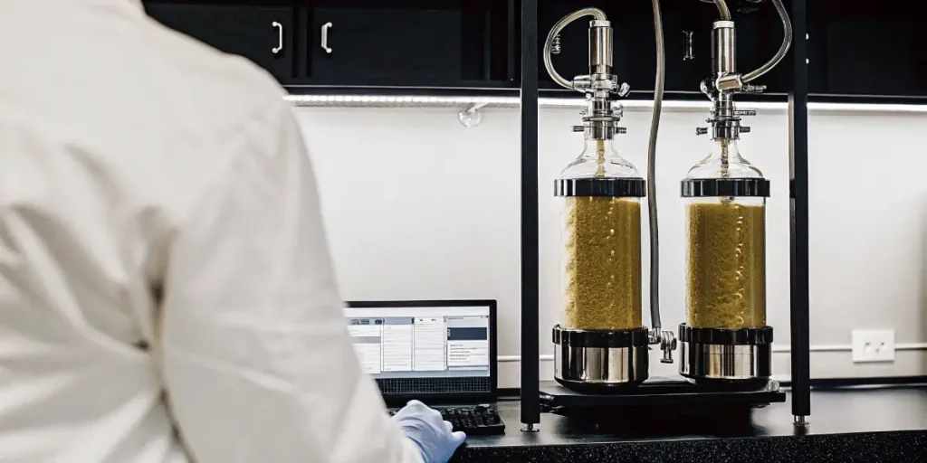 Scientist in lab coat using a laptop next to two glass extraction columns with yellowish liquid.