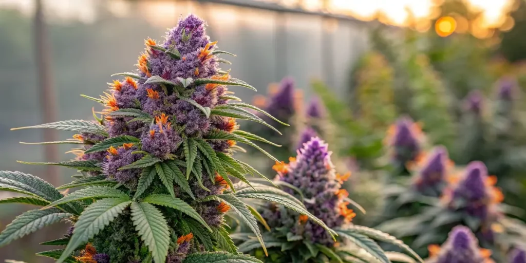 Lavender OG cannabis plants with dense purple buds, orange pistils, and green leaves growing in an outdoor field at sunset.