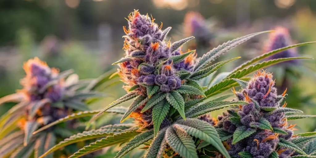 Lavender OG strain with dense purple buds, orange pistils, and frosty trichomes, surrounded by green leaves in a sunlit outdoor setting.