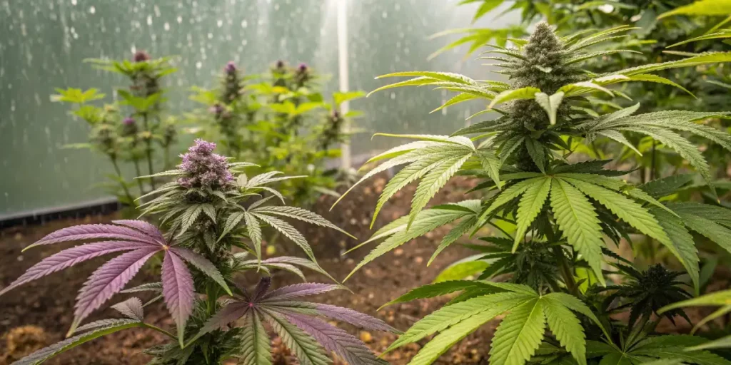 Cannabis plants with purple and green leaves after rainfall.