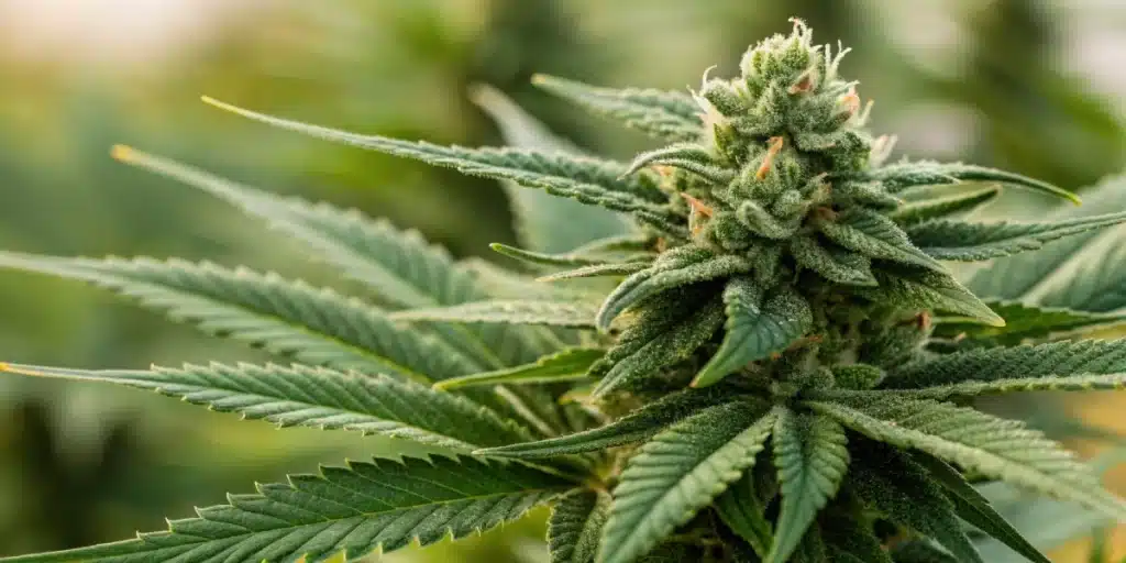 Close-up of a Mac 1 Regular bud with rich green hues and dense trichomes.