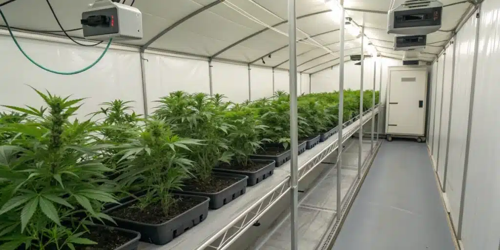 Modern grow tent with a row of Mac 1 Regular plants, digital controls, and structured shelving.