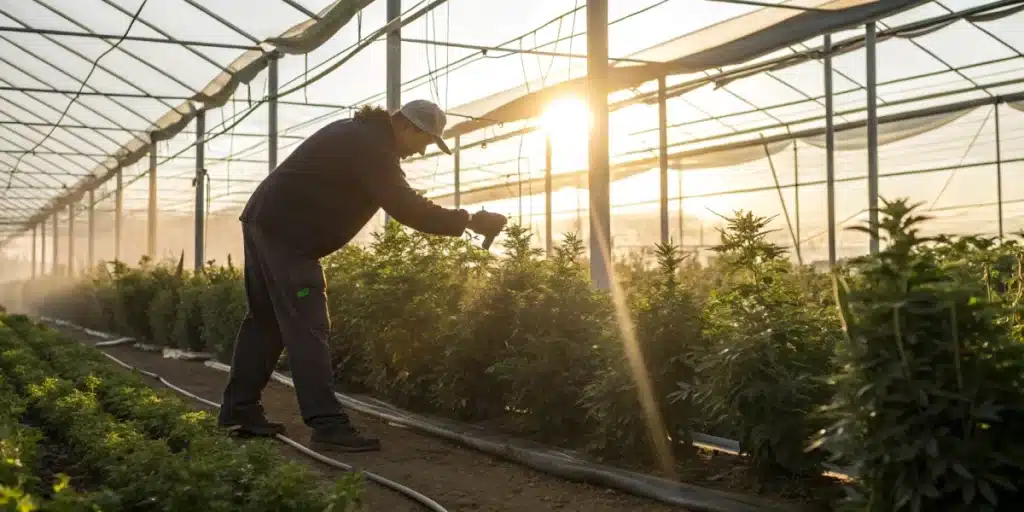 Grower pruning Mac 1 Regular plants in an outdoor greenhouse with sun rays filtering through.
