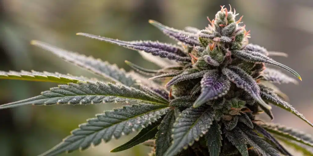 Close-up of a Mamba Negra CBG bud with dark hues and prominent resin droplets.
