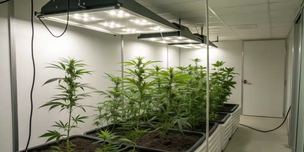 Minimalist indoor grow room featuring Mamba Negra CBG plants under controlled lighting and temperature.