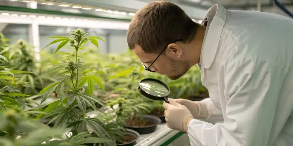 Grower examining a Mamba Negra CBG plant with a magnifying glass in a botanical lab environment.