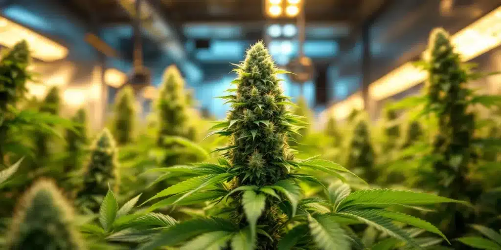 Mango Kush cannabis plant growing indoors under bright grow lights, showcasing dense buds and vibrant green leaves.