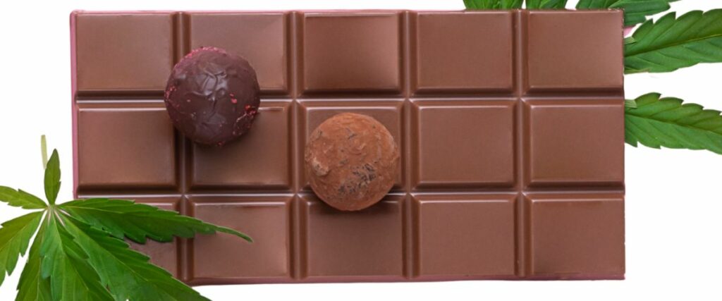 Cannabis chocolate bar with cannabis leaves and truffles on a pink background