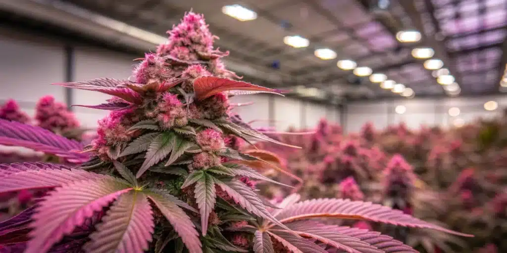 A close-up of a Pink Plant cannabis strain in full bloom. The buds are dense, covered in sparkling trichomes, and have a vibrant mix of pink and purple hues.