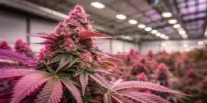 A close-up of a Pink Plant cannabis strain in full bloom. The buds are dense, covered in sparkling trichomes, and have a vibrant mix of pink and purple hues.