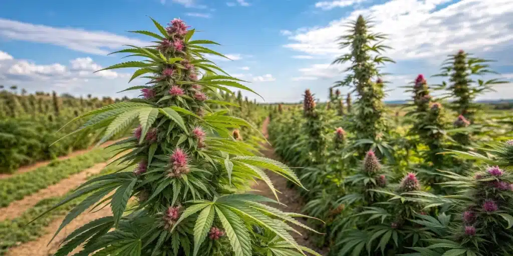 A lush outdoor cannabis garden featuring multiple Pink Plant cannabis plants. The plants are tall and robust, with bright green leaves and hints of pink in the buds.